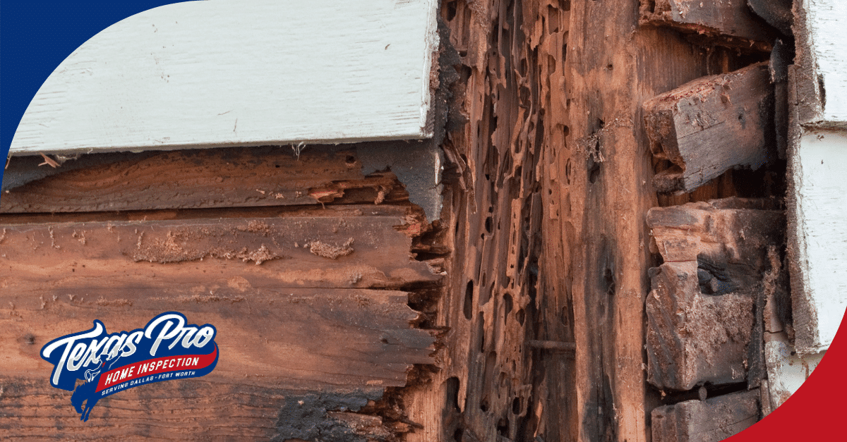 Severe termite damage on exterior wood siding and framing.