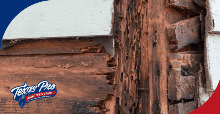 Severe termite damage on exterior wood siding and framing.
