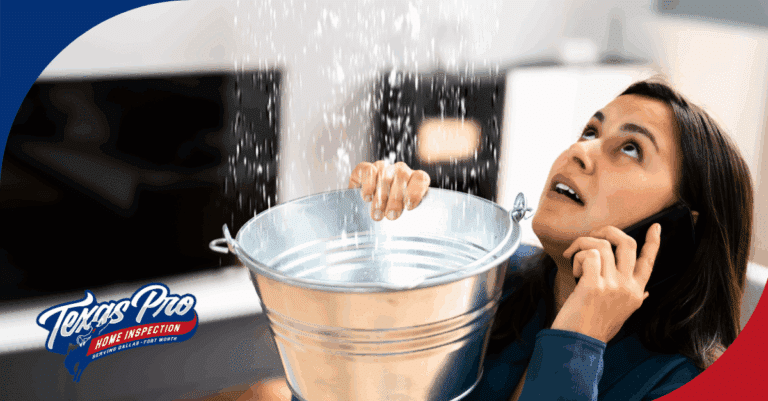 Concerned woman catching ceiling leak with bucket while calling for help.