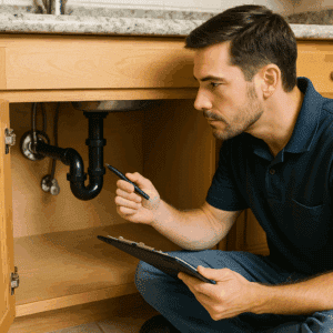 Plumbing inspection during a seller’s home inspection in Fort Worth, TX.