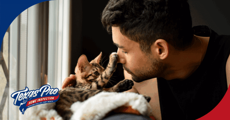 Man gently touching noses with a playful Bengal cat.