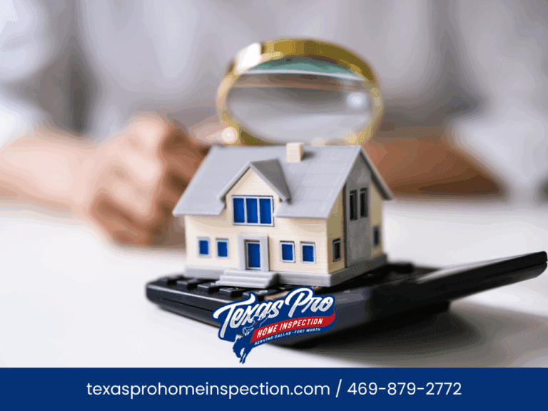 A magnifying glass is held over a model house on a calculator, symbolizing a home inspection.