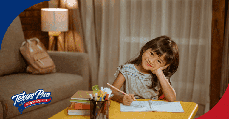 Smiling young girl drawing at a table in a cozy living room.