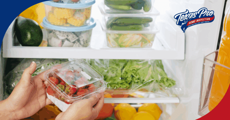 Hands holding strawberries in front of a refrigerator filled with fresh fruits and vegetables.