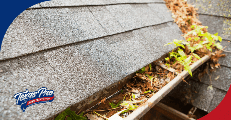Clogged roof gutter filled with leaves and debris.