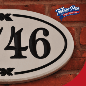 Oval white plaque with house number 1746 on a brick wall