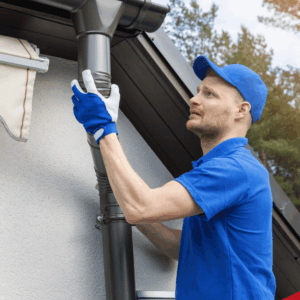 Inspector checking a downspout on a home’s exterior.