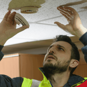 Inspector testing a smoke detector on the ceiling.