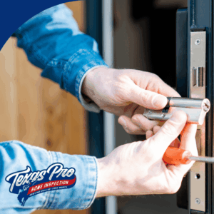 Person replacing or tightening a door lock cylinder.