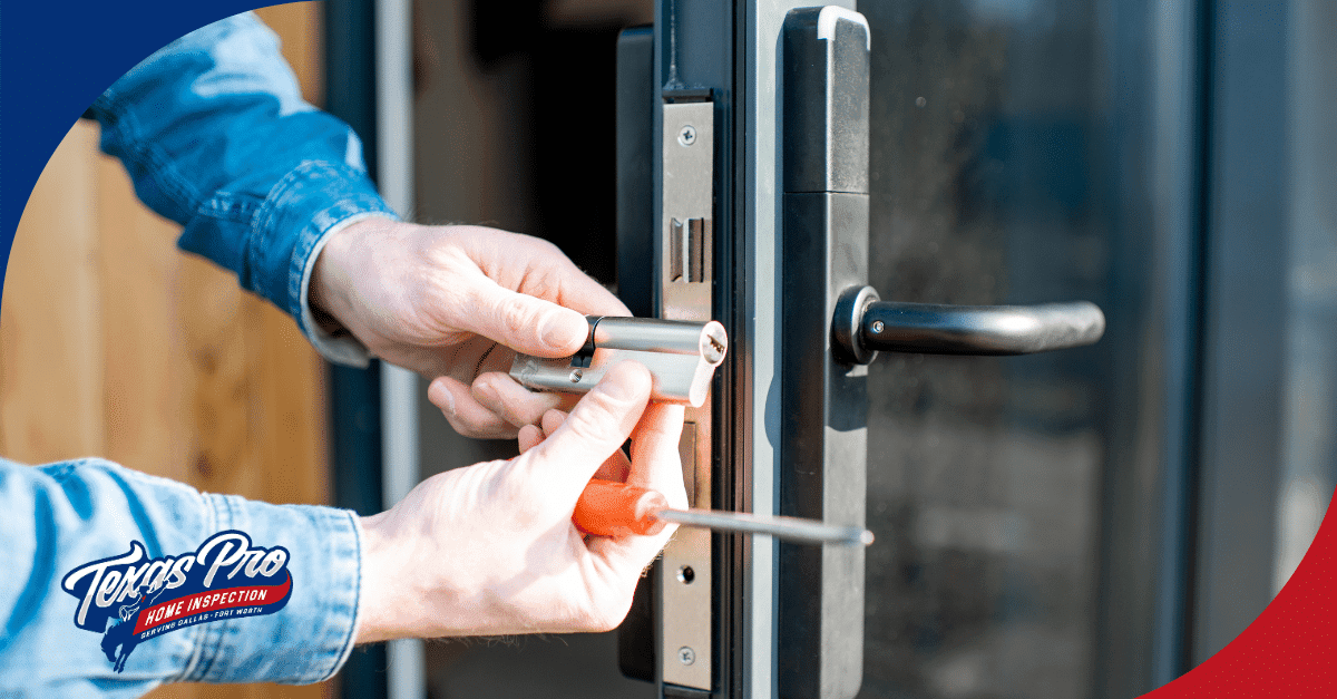 Person replacing or tightening a door lock cylinder.