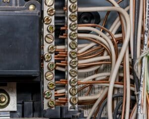 Close-up of electrical panel bus bar and copper wiring connections inspected during a Fort Worth home inspection