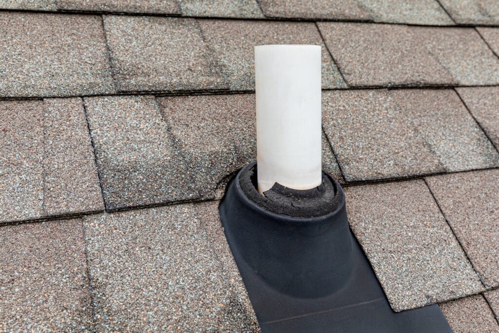 Plumbing vent pipe penetration through asphalt shingle roof with deteriorated rubber boot seal identified during a Fort Worth home inspection